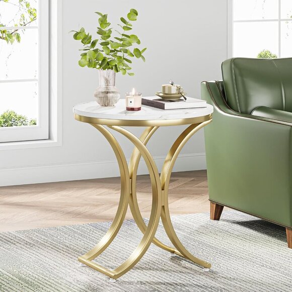 Other - Small Round Sofa Side Table, Faux Marble White and Gold End Table, Contemporary
